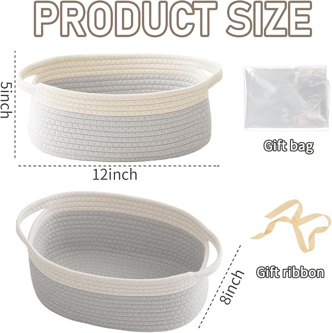 JMvicyroam Small Woven Basket, Empty Gift Basket, White&Grey/3 Pack | Small Gift Basket, Cotton Rope, 12 x 8 x 68 in, Handles, Includes Ribbon and Bag, Birthday Gift Basket