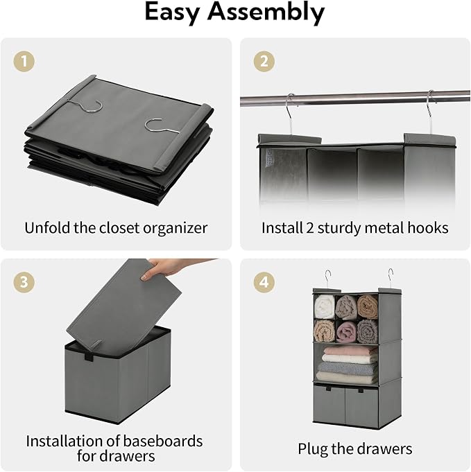 GRANNY SAYS Hanging Closet Organizer with Drawers, 4 Shelf Dividers Closet Hanging Organizer, Foldable Hanging Shelves for Wardrobe Closet, Small Closet Organizers for Clothes Shoes, Grey