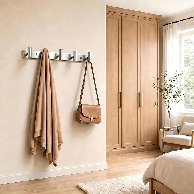 Wall Mounted Coat Rack-5 Hooks, Heavy Duty Stainless Steel Wall Hooks for Towel Coat Bag, Hat Rack Coat Hanger Coat Hooks Towel Racks for Bathroom Entryway Kitchen Hotel (Silvery, 1 Pack)