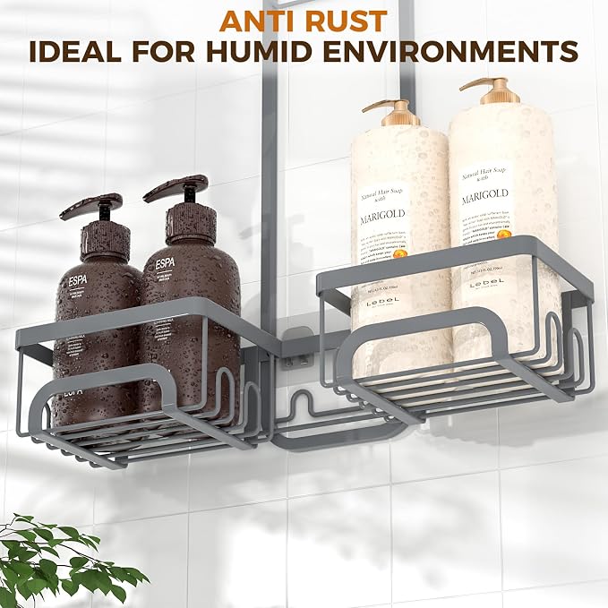 REINHARDT Split Shower Caddy Hanging for Handheld Showerheads, Grey | Adjustable Shower Organizer, Rustproof, 16 Hooks, Soap Holder, 40lbs Capacity, Anti-Slip, Tool-Free, Bathroom Accessories