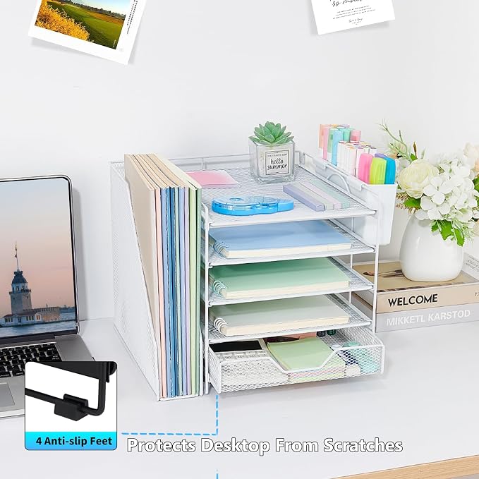 Desk Organizers and Accessories, 5-Tier Paper Letter Tray Organizer with File Holder, Drawer & Pen Holder, Office Desk Accessories, Desktop Organizer for Classroom Office Supplies, White