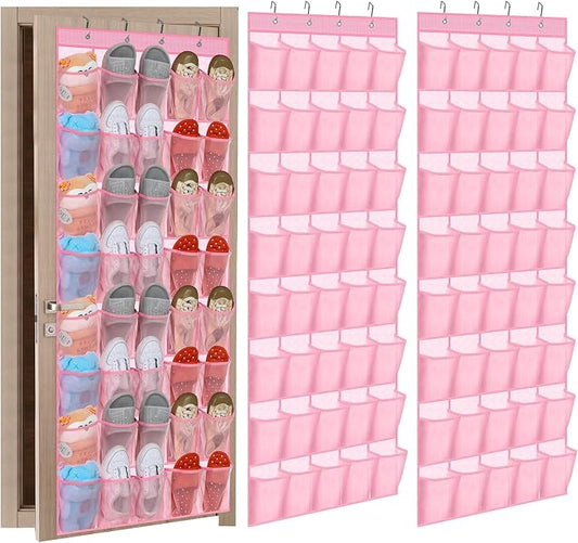 Windyun 2 Pcs 40 Pocket Over The Door Shoe Organizer Large Breathable Mesh Hanging Shoe Rack for Closet Space Saving Shoes Storage Holder Hanger for Dorm Room Bathroom Bedroom Entryway (Pink)