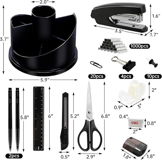 deli Office Supplies Set, Desk Accessory Organizer Kit, Black | Stationary Set, Desk Supplies with Rotating Multi-Functional Pen Holder &Stapler Set for Office, School, Home