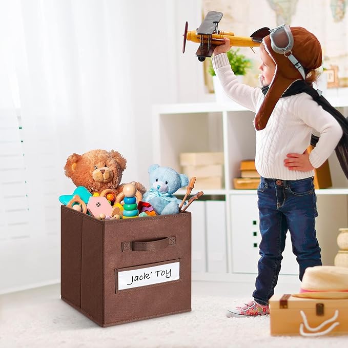 13x13x13 Storage cube bins(Set of 8) Fabric storage cubes with 8 Labels Window Cards & a Pen, Storage cubes 13x13, Collapsible 13 inch Cube storage bins, Cubby Organizer Boxes, Brown