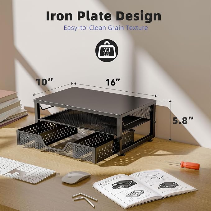 Simple Trending 2-Tier Monitor Stand Riser, Laptop & Printer Stand, Black | Metal Desk Organizer with Drawer, Desktop Organizer, Ergonomic Design, for Home Office, 16.34"W x 10.35"D x 3.5"H