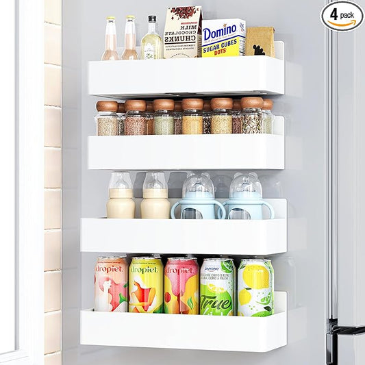 Mystozer Magnetic Spice Rack for Refrigerator, Kitchen Organizer and Storage Shelf, White (4 Pack)…