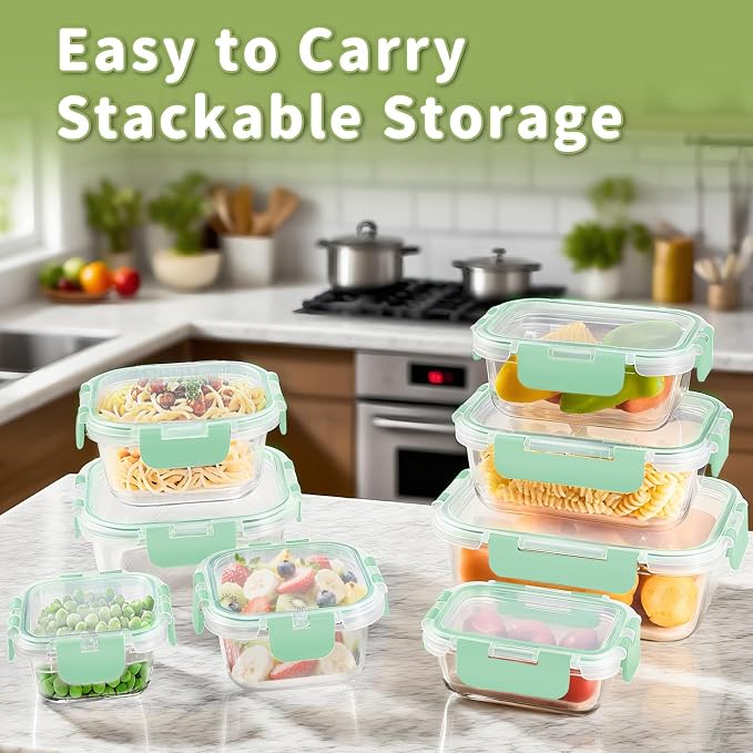 HOMBERKING 8 Pack Glass Food Storage Containers with Lids, Meal Prep Containers, Airtight Bento Boxes with Leak Proof Locking for Microwave, Oven, Freezer and Dishwasher, BPA Free, 5-35oz, light blue