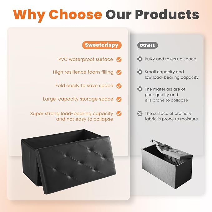 Sweetcrispy 30 Inch Storage Ottoman Bench, Folding Ottoman with Storage | Foot Rest Stool with Padded Seat, End of Bed Storage Bench for Living Room, Bedroom, Loads 660 LBS, Synthetic Leather, Black