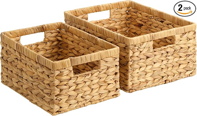 StorageWorks Wicker Storage Baskets, Handwoven Water Hyacinth Basket for Organizing, Decorative Organizers with Built-in Handles, Set of 2
