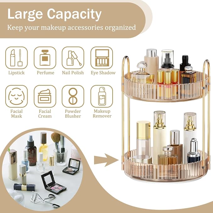 MOKANI 360 Rotating Makeup Organizer for Vanity, 2 Tier Perfume Organizer | Adjustable Multi-Function Spinning Cosmetics Skincare Storage for Bedroom, Dresser, Countertop, Amber