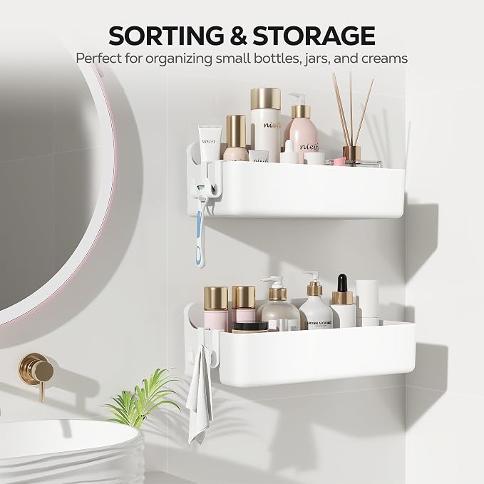 Nieifi Adhesive Shower Shelves, White, 2 Pieces | Rustproof ABS, Large Capacity, Removable Design, No Drilling Shower Organizer for Bathroom Storage & Home Decor