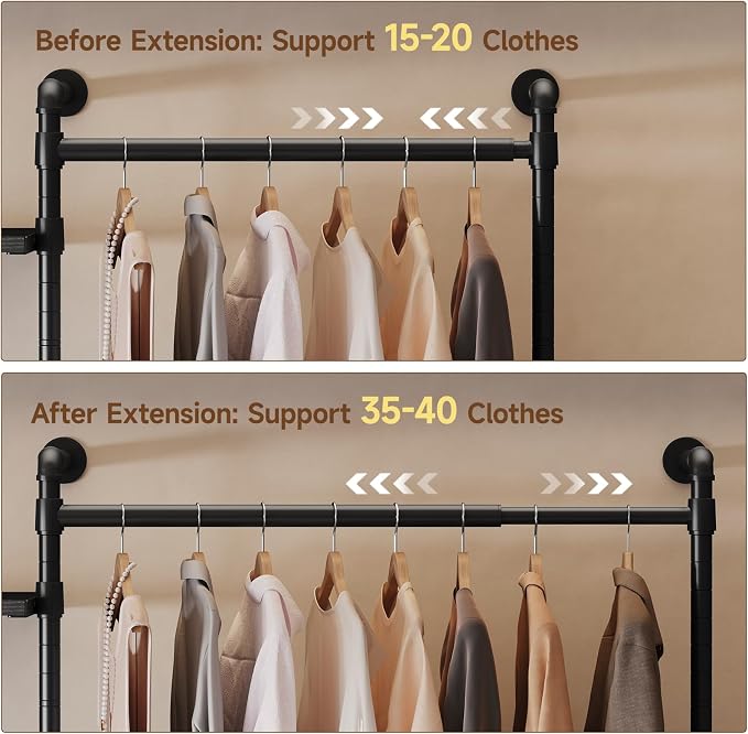 T3 Wall Mounted Industrial Pipe Closet Organizers Storage System | Metal Clothing Rack with 2 Drawers, 6 Wooden Shelves & 4 Expandable Rods, Heavy Duty Garment Rack, Wardrobe (Black)