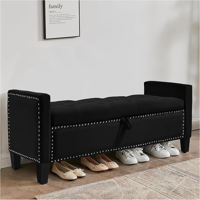 Storage Ottoman Bench, Velvet Upholstered Footstool for Bedroom and Living Room, Tufted Seat with Storage, Wooden Legs & Metal Rivets, Black