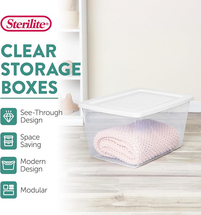 Sterilite 24 Pack Storage Box, 58 Quart Stackable Tote, Clear Plastic Container with Secure Snapping Lids for Home and Office Organization, White