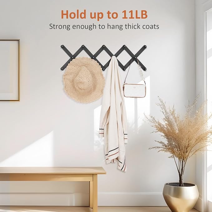 Accordion Wall Hanger, Hat Rack for Wall with 14 Coat Hooks, Expandable Hat Hangers Organizer, Vintage Decorative Coat Rack Wall Mount for Purse, Mug (Black)
