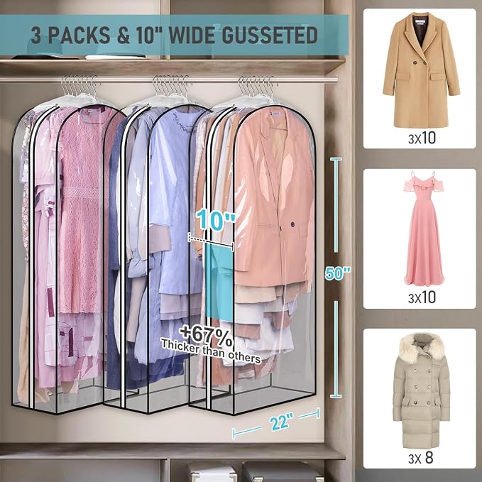 MISSLO 10" Gusseted All Clear Garment Bags for Hanging Clothes 50" Dress Bags for Closet Storage Coat Protectors for Suits, Gowns, 3 Packs