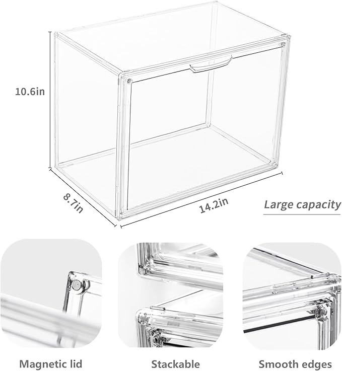 LXLXXL Clear Acrylic Display Case, Stackable Plastic Storage Bins, X-Large | Stackable Storage Bin with Magnetic Attraction Lid, XL Clear Acrylic Case, Showcase for Cosmetic, Large Figures Collectibles