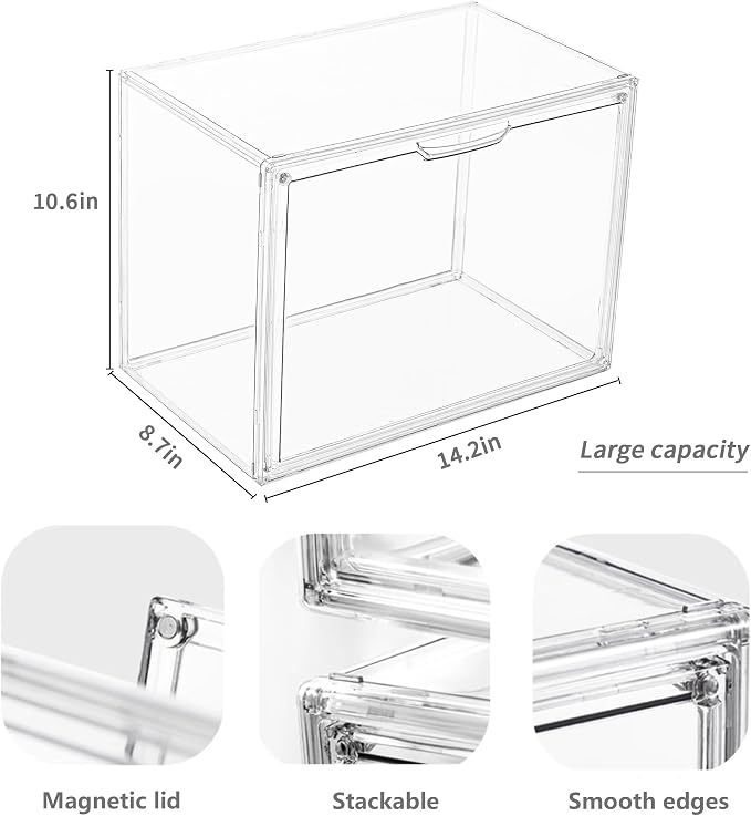 LXLXXL Acrylic Box Display Case, 5-Pack XL Stackable Storage Bins with Lid | Stackable Storage Bin X-Large 5 Pack, Clear Acrylic Display Case With Magnetic Lid, Dustproof Showcase for Figures Cosmetics