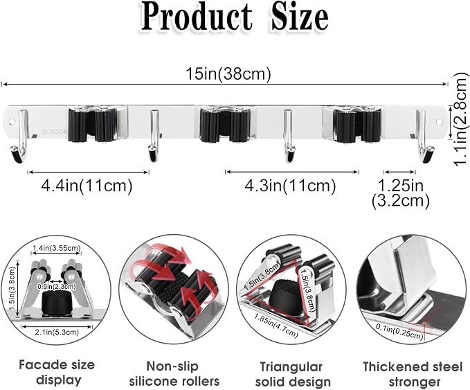 AceMining Broom Holder Wall Mount, 3 Racks 4 Hooks Heavy Duty Mop Organizer | Mop Holder Wall Mount and Broom Hanger for Garage, Laundry Room, Kitchen and Utility Storage