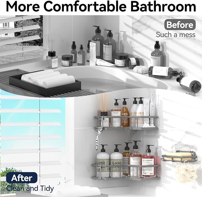 YASONIC Corner Shower Caddy Adhesive, 100% Rustproof Shower Organizer with Soap Holder, No Drill Shower Shelf for Inside Shower, Wall-Mounted Shower Storage for Homes (3 Pack, Grey)