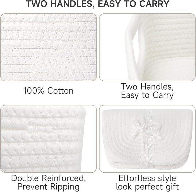 3-Pack Storage Baskets for Organizing | Woven Shelf Toy Basket | Rope Baskets for Gifts Empty | Closet Organizer Bins with Handles | Cube Decorative Box | 13.7×7.1×6.7” | White