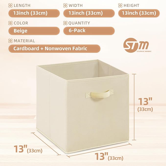 STORAGE MANIAC Storage Cubes, 13 Inch Collapsible Storage Bins with Handles, 6 Pack Fabric Foldable Bins for Organization, Durable Storage Bins for Closet, Shelves, Offices, 6-Pack Beige