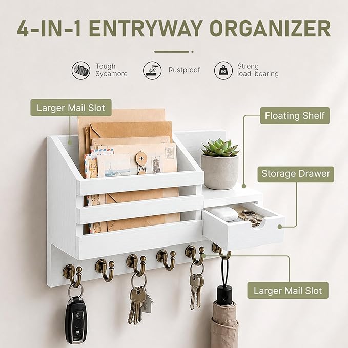 FifthQuarter Key Holder Wall Mount with Drawer and 6 Sturdy Hooks | Wooden Entryway Organizer and Decorative, Easy Installation