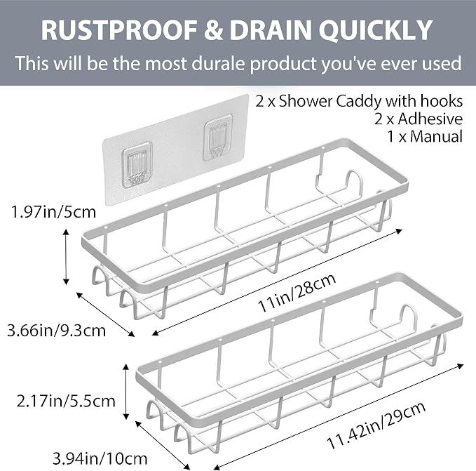 Shower Caddy Organizer with Hooks,Self Adhesive Bathroom Shelves,No Drilling Bathroom Organizers and Storage,Perfect for RV, Apartment, Home Decor,2 Pack White
