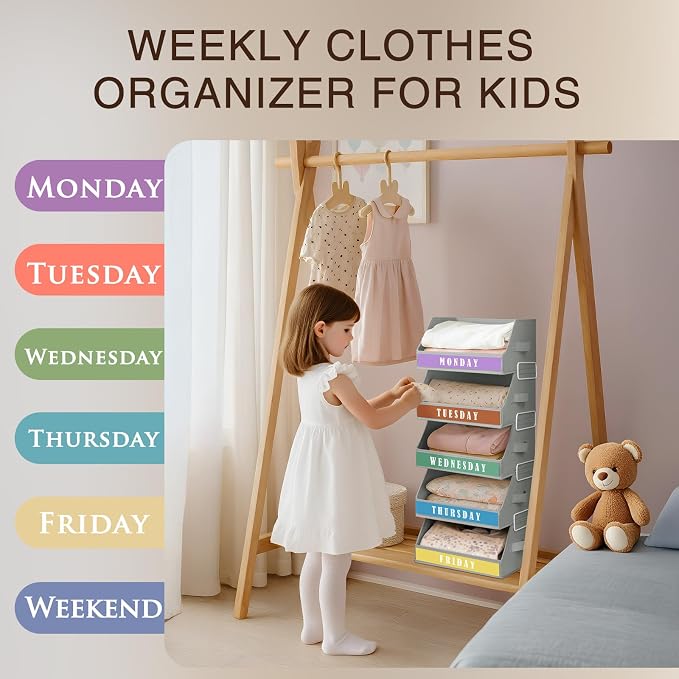 Closet Organizers and Storage - 5 Tier Shelf Organizer with Weekly Labels, Stackable Storage Bins with Metal Frame, Foldable Cube Bins, Home Baskets for Kids and Adults, Grey