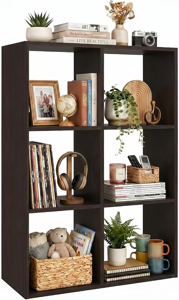 WannabeMyself【Sturdy Build&Easy Assembly】6 Cube Storage Organizer with Anti-Tipping Kits,Reversible Open Back Book Shelf, Bookcase for Living Room,Bedroom,Entrance Hall,Office,24.1×11.4×35.9,Chocolate