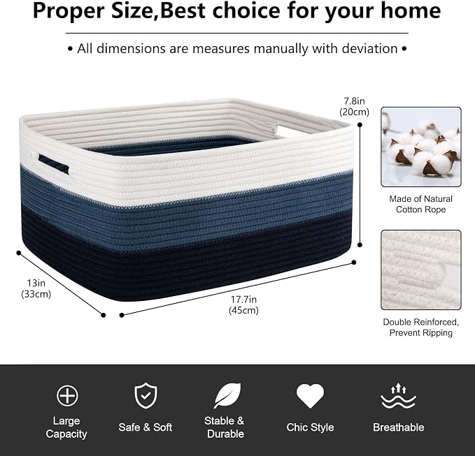 OIASKET Large Storage Basket for Organizing, Woven Rope Basket for Shelves, Closet Organizer Bins for Clothes, Blanket, Toys, Baby Nursery Storage, 17.7" x 13" x 7.87", 2 Packs Gradient Blue