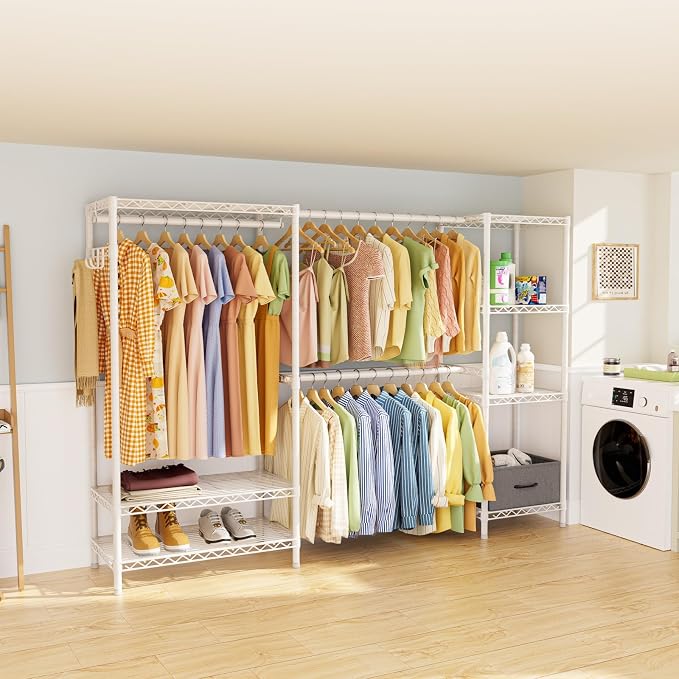 Golpart Heavy Duty Clothing Rack with Adjustable Shelves Clothes Wardrobe | Coat Rack Metal Closet Organizer and Storage Garment Rack for Hanging Clothes Wire Portable Cloth System Free Standing White