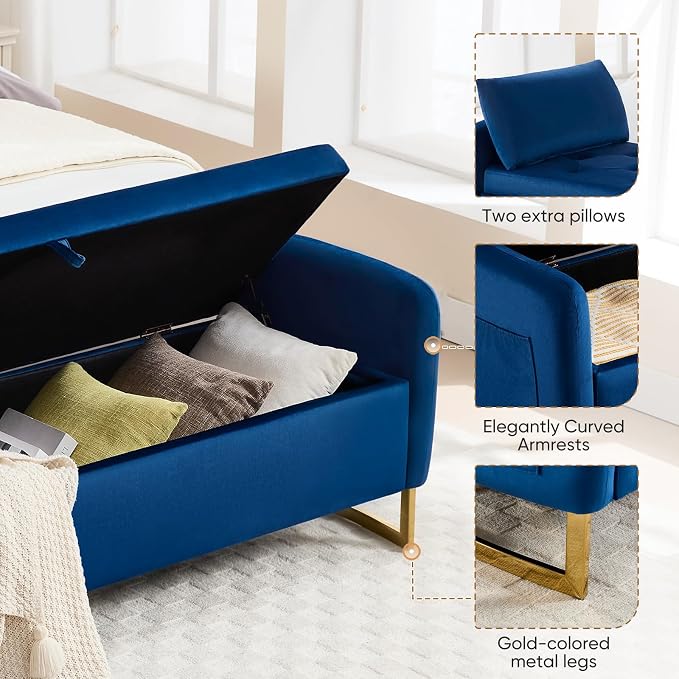65" Storage Bench for Bedroom, Velvet End of Bed Bench, King Size Bed Benches for Foot with Tufted Button and Gold Legs, Upholstered Window Ottoman Benches with Armrests, Navy Blue