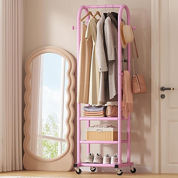 Dttwacoyh Clothing Rack with Wheels,Narrow Metal Garment Rack,Pink | Easy to install, 71.8 Inches Display Rack with 4 Side Hooks & 3 Shelves,for Small Flats, Bedroom, Entryway,Pink Clothes Rack