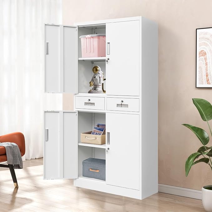 CJF Metal Storage Cabinet with Adjustable Shelves and Drawers, 71" H Locking Pantry Storage Cabinet for Office, Garage, Home, School, Utility (White)