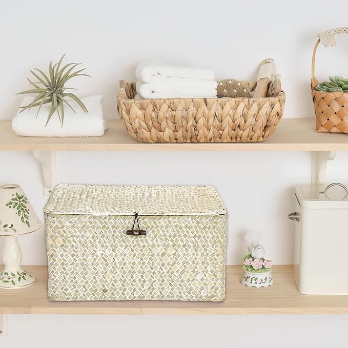 Hipiwe Wicker Shelf Baskets Bin with Lid, Large Seagrass Basket Storage Box | Handwoven Natural Baskets for Shelf Organizer, Rectangular Household Basket Boxes for Home Decor, Whitewash