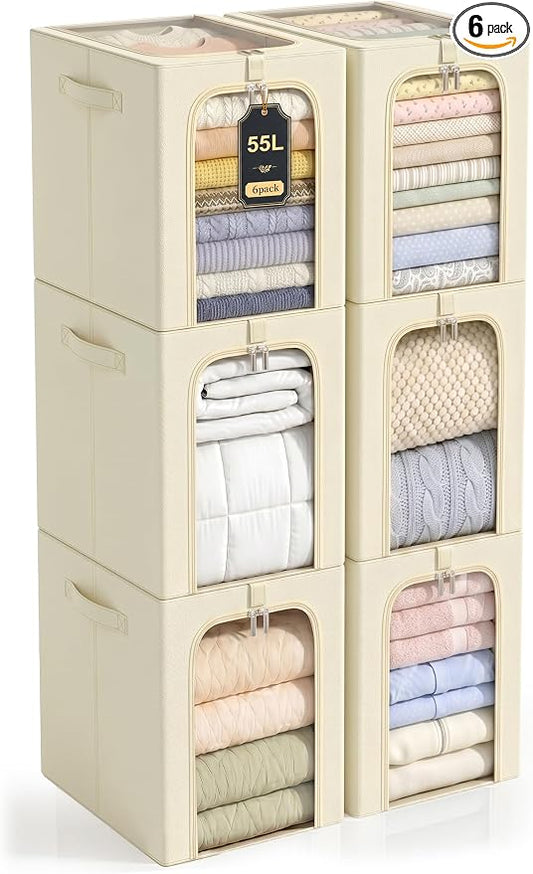 GoMaihe Blanket Storage Bins with Metal Frame for Closet, 55L 6-Pack Beige | Winter Coat Clothing Comforters Bedding, Closet Top Shelf Organizer, Collapse-Proof Stackable, Clear Window Dual Access