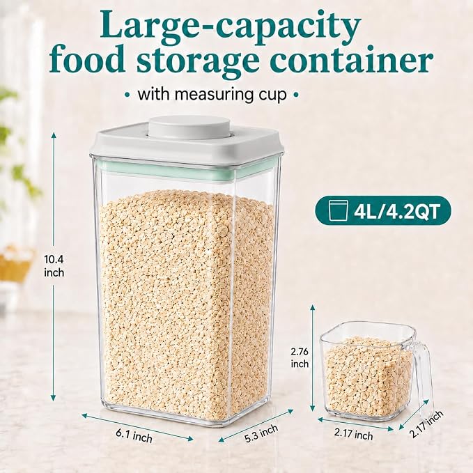 POP Airtight Flour-Rice Food-Storage Container - 4L/4.2Qt Jar with Lid(4Pc) and 3.3Oz Scoop(4Pc) | BPA-Free | Perfect for Storing Grains, pasta, Snacks | Stackable and Durable