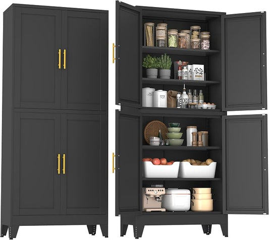 75" Tall Metal Kitchen Pantry Storage Cabinet, Freestanding Cupboard with 4 Doors and 4 Adjustable Shelves, Standing Storage for Kitchen, Bathroom, Garage, Dinning Room or Utility Room（Black）
