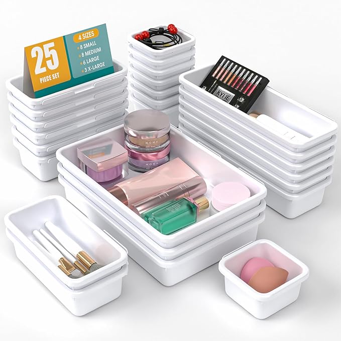 25 PCS Drawer Organizer Set, 4 Size Makeup Drawer Divider Organizer With Non-Slip Pads, Interlocking Plastic Storage Bins for Office,Jewelry Vanity,Gadgets, Bathroom,Kitchen, White