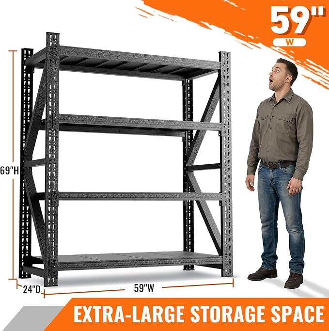 4000LBS 4 Tier Garage Storage Shelves, Heavy Duty Adjustable Storage Rack for Warehouse, Basement, Shop and Office, Commercial-Grade Steel Organizer, 59" W x 24" D x 69" H