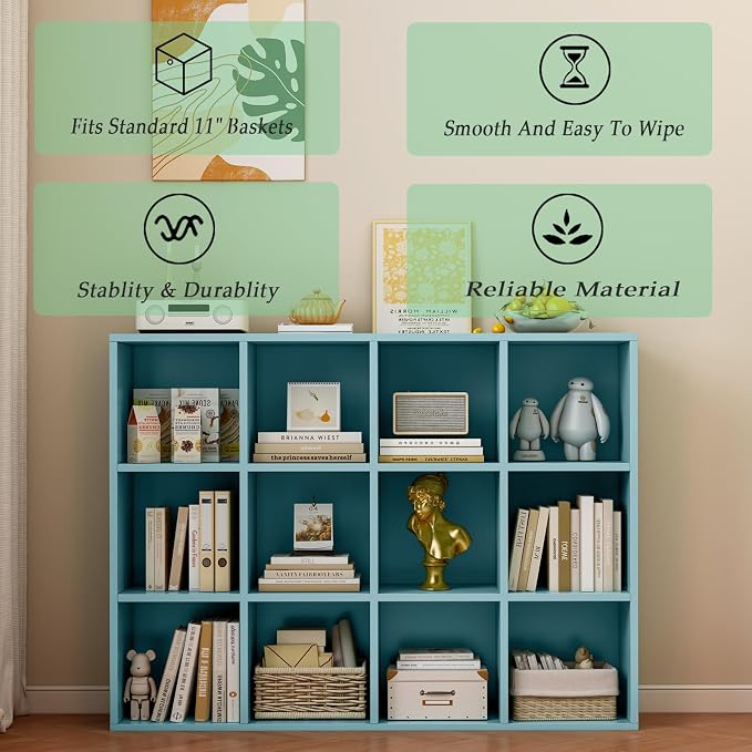 OSCHF 12-Cube Storage Shelf Bookcase, Light Blue | Wooden 3-Tier Open Bookshelf, Fits 11×11" Bins, Vertical or Horizontal Use, Full Back Panels, For Home Office