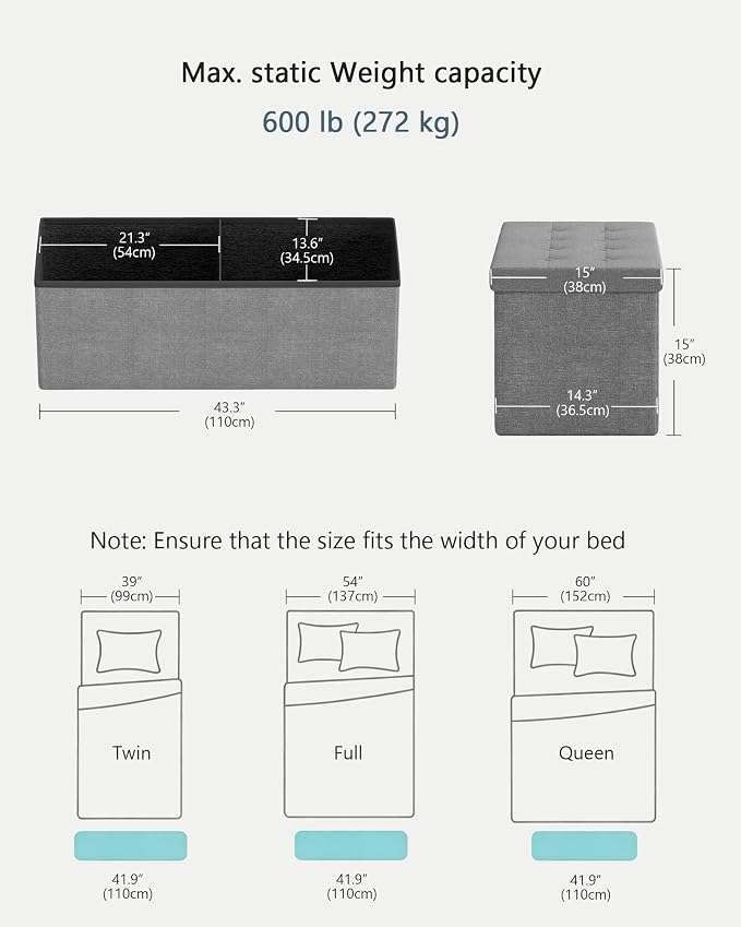GLAXYFUR 43 Inches Folding Storage Ottoman Bench, Storage Chest | Ottoman Foot Rest, End of Bed Bench, Load 660 lb, Storage Box for Living Room, Bedroom, Entryway