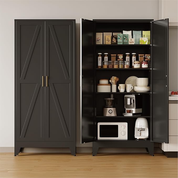 COFaR 71'' Tall Metal Storage Cabinet, Farmhouse Kitchen Pantry Cabinet with Doors and 4 Adjustable Shelves, Black Metal Cabinets for Garage, Kitchen, Bathroom, Laundry, 5-Tier