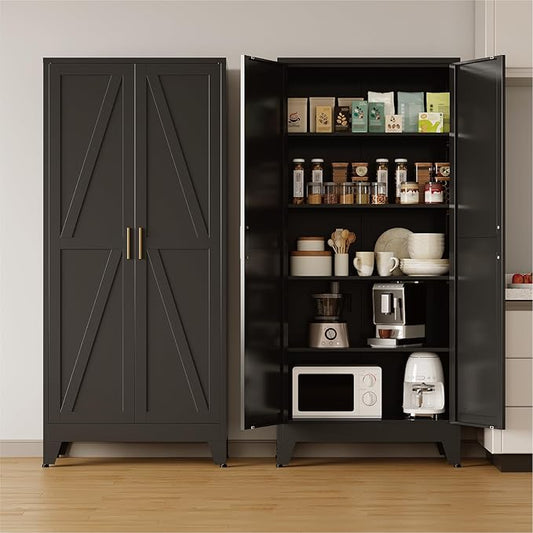 COFaR 71'' Tall Metal Storage Cabinet, Farmhouse Kitchen Pantry Cabinet with Doors and 4 Adjustable Shelves, Black Metal Cabinets for Garage, Kitchen, Bathroom, Laundry, 5-Tier