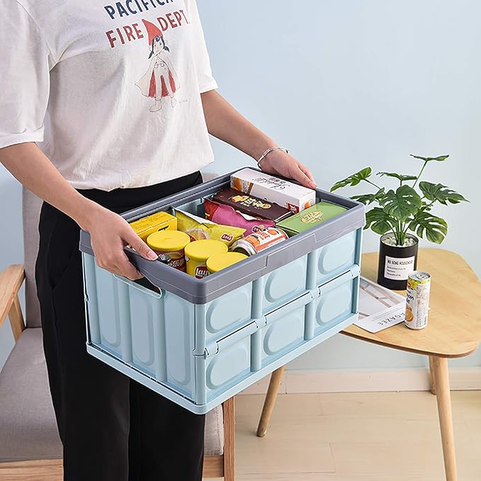 Lidded Storage Bins 2 Pack 30L Collapsible Storage Box Crates Plastic Tote Storage Box Container Stackable Folding Utility Crates for Clothes, Toy, Books ,Snack, Shoe, and Grocery Storage Bin-Blue