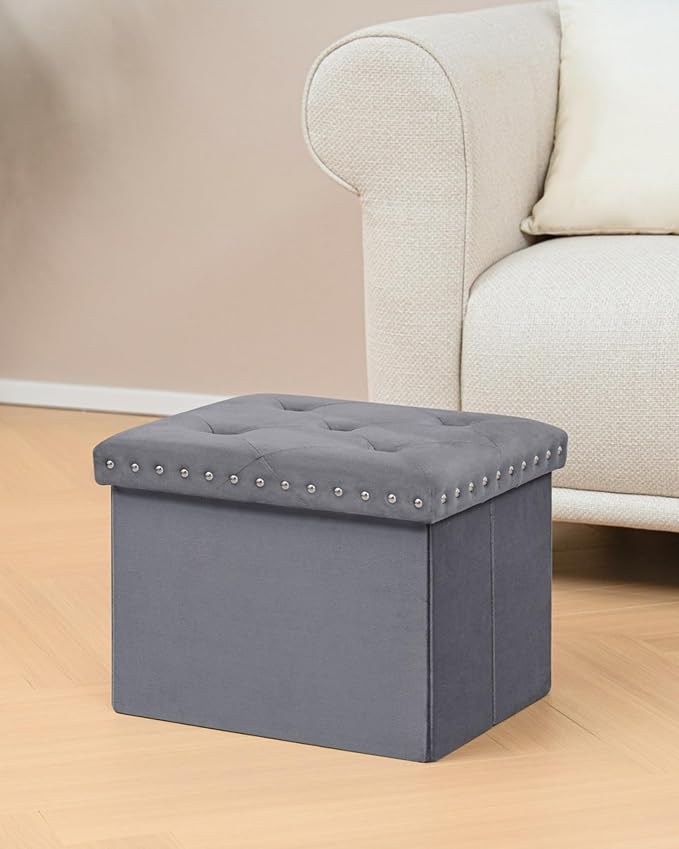 B FSOBEIIALEO Storage Ottoman Cube Folding Tufted Ottomans, Storage Boxes Footrest for Bedroom, Luxury Velvet Fabric 16.5 * 12.6 * 12.6 Inches Grey