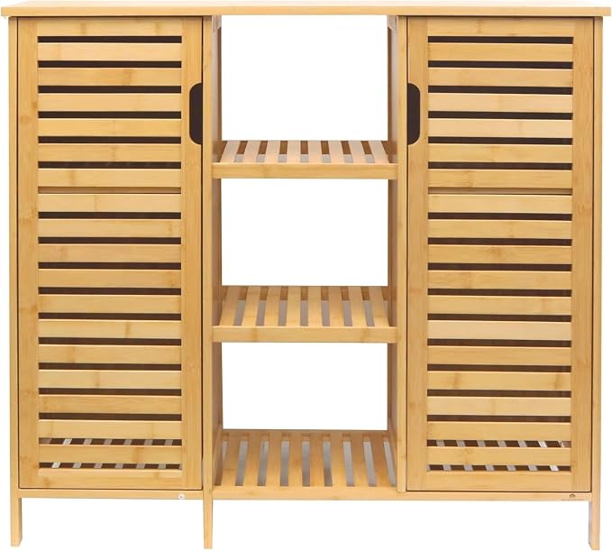 RoyalHouse Bamboo Floor Cabinet with 2 Shutter Doors and 3 Open Shelves, Freestanding Organizer for Bathroom, Kitchen, Living Room, Eco-Friendly and Durable, Brown