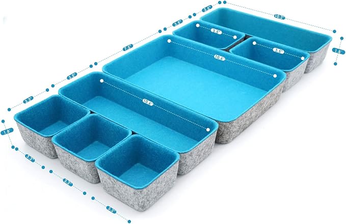 Welaxy Minimalist Felt Desk Drawer Organizer 8pc Turquoise Storage Bins | Sustainable material soft yet sturdy,multi-purpose storage, sleek minimalist lifestyle