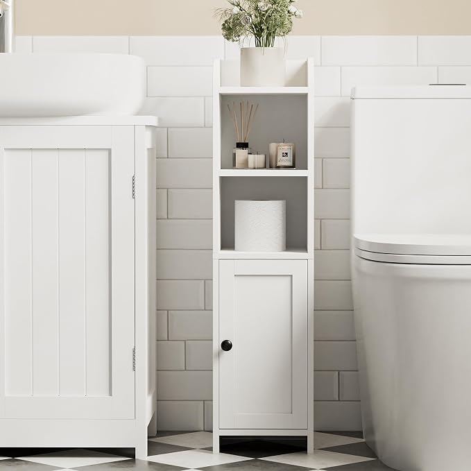 Homhedy Small Bathroom Storage Cabinet, Narrow Toilet Paper Cabinet | Corner Floor Cabinet with Door and Shelves, Slim Bathroom Cabinet for Small Spaces, 9.8" D x 7.9" W x 31" H, White